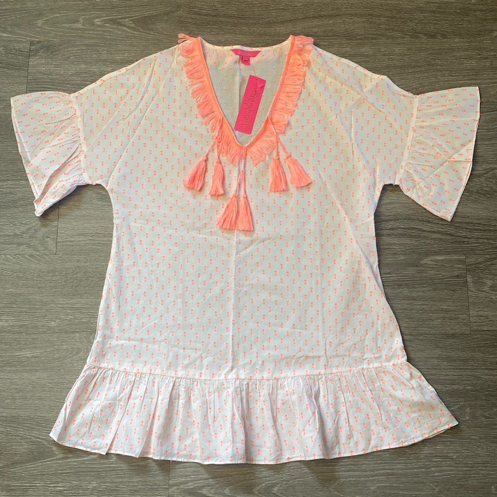 Lilly Pulitzer Kipper Coverup, NWT, Size S/M, Neon Clip, Tangelo, Coral & White